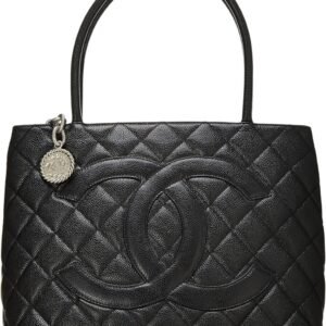 CHANEL Pre-Loved Black Quilted Caviar Medallion Tote, Black