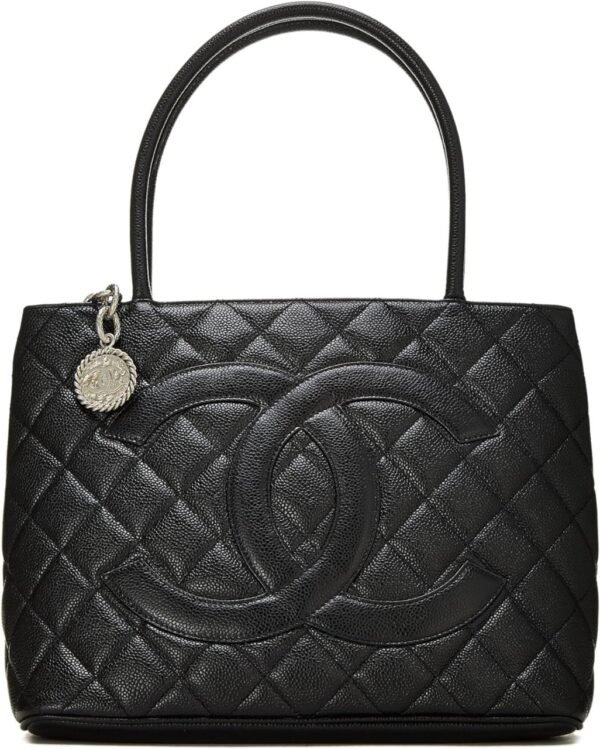 CHANEL Pre-Loved Black Quilted Caviar Medallion Tote, Black
