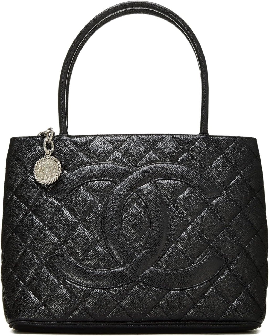 CHANEL Pre-Loved Black Quilted Caviar Medallion Tote, Black