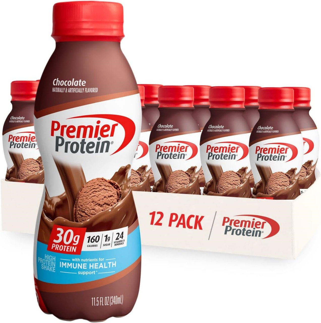 Premier Protein Shake, Chocolate, 30g Protein 1g Sugar 24 Vitamins Minerals Nutrients to Support Immune Health, 11.50 fl oz (Pack of 12)