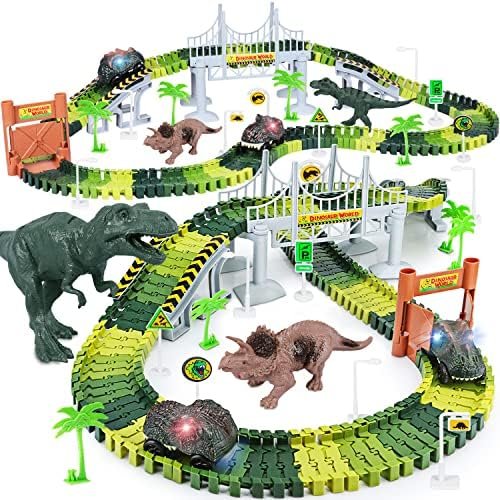 Dinosaur Toys,Create A Dinosaur World Road Race,Flexible Track Playset And 2 Pcs Cool Dinosaur Car For 3 4 5 6 Year & Up Old Boy Girls Best Gift
