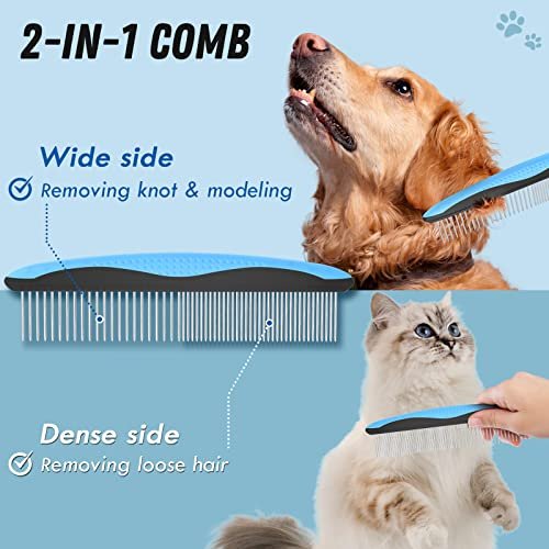 Dog Grooming Brush and Metal Comb, Undercoat Rake for Dogs Grooming Supplies Dematting Deshedding Brush for Shedding, Cat Brush Deshedder Brush Dogs Shedding Tool for Long matted Haired Pets, Blue - Image 2
