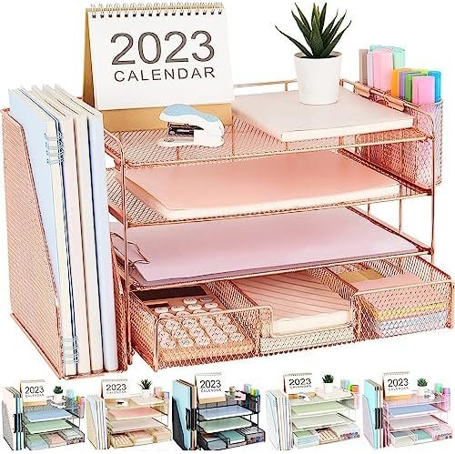 gianotter Paper Letter Tray Organizer with File Holder, 4-Tier Desk Accessories & Workspace Organizers with Drawer and 2 Pen Holder, Desk Organizers and Accessories for Office Supplies (Rose Gold) - Image 4