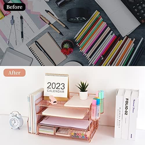 gianotter Paper Letter Tray Organizer with File Holder, 4-Tier Desk Accessories & Workspace Organizers with Drawer and 2 Pen Holder, Desk Organizers and Accessories for Office Supplies (Rose Gold) - Image 3