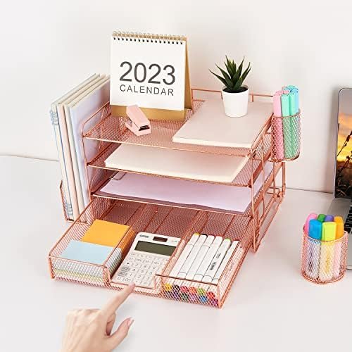 gianotter Paper Letter Tray Organizer with File Holder, 4-Tier Desk Accessories & Workspace Organizers with Drawer and 2 Pen Holder, Desk Organizers and Accessories for Office Supplies (Rose Gold) - Image 2