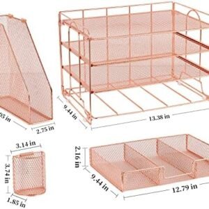 gianotter Paper Letter Tray Organizer with File Holder, 4-Tier Desk Accessories & Workspace Organizers with Drawer and 2 Pen Holder, Desk Organizers and Accessories for Office Supplies (Rose Gold)