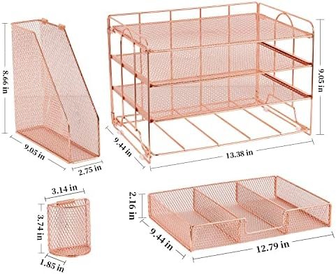 gianotter Paper Letter Tray Organizer with File Holder, 4-Tier Desk Accessories & Workspace Organizers with Drawer and 2 Pen Holder, Desk Organizers and Accessories for Office Supplies (Rose Gold)